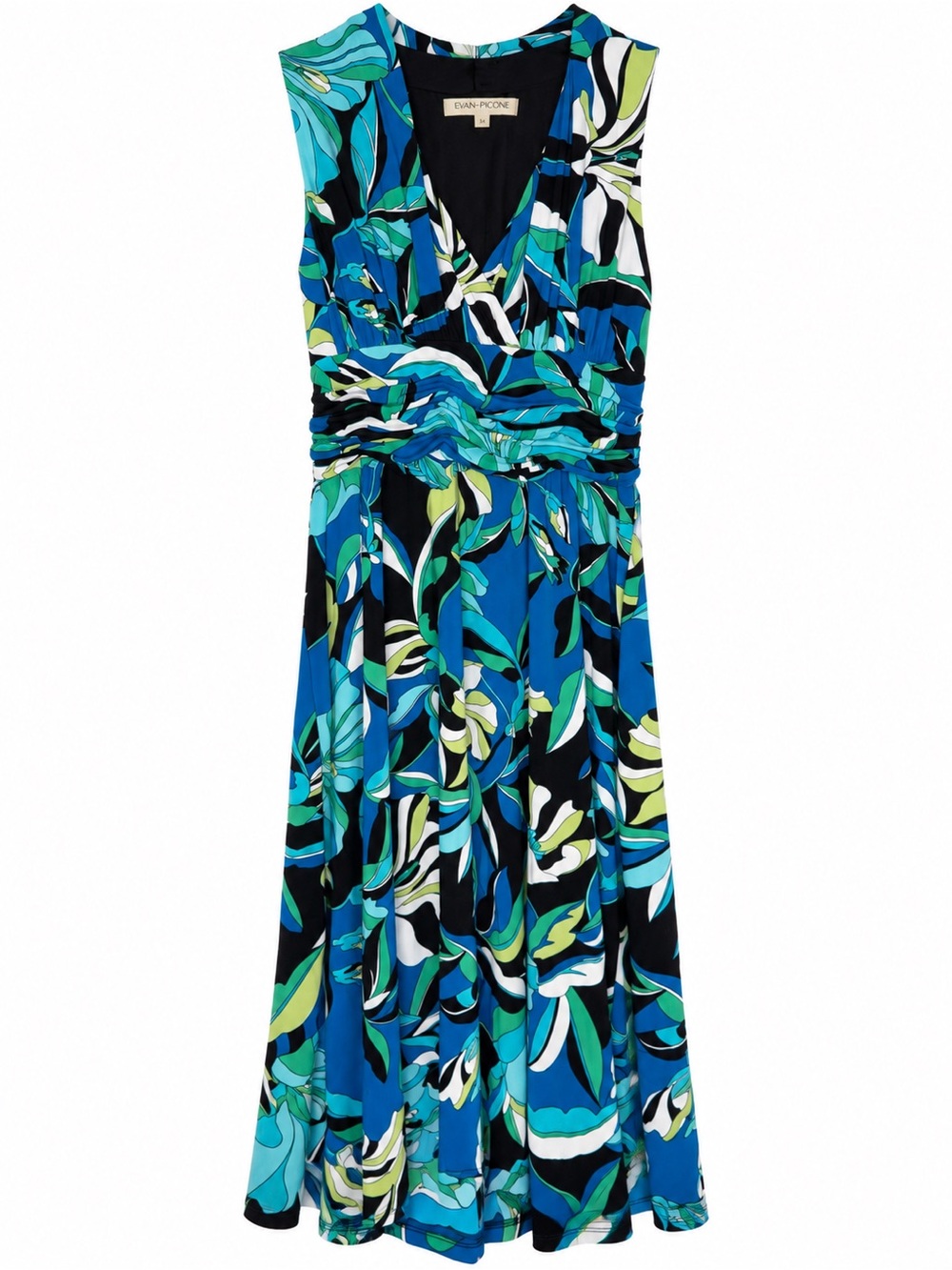 Evan Picone Dress Women’s 14 Blue Green Floral Sleeveless Stretch Midi